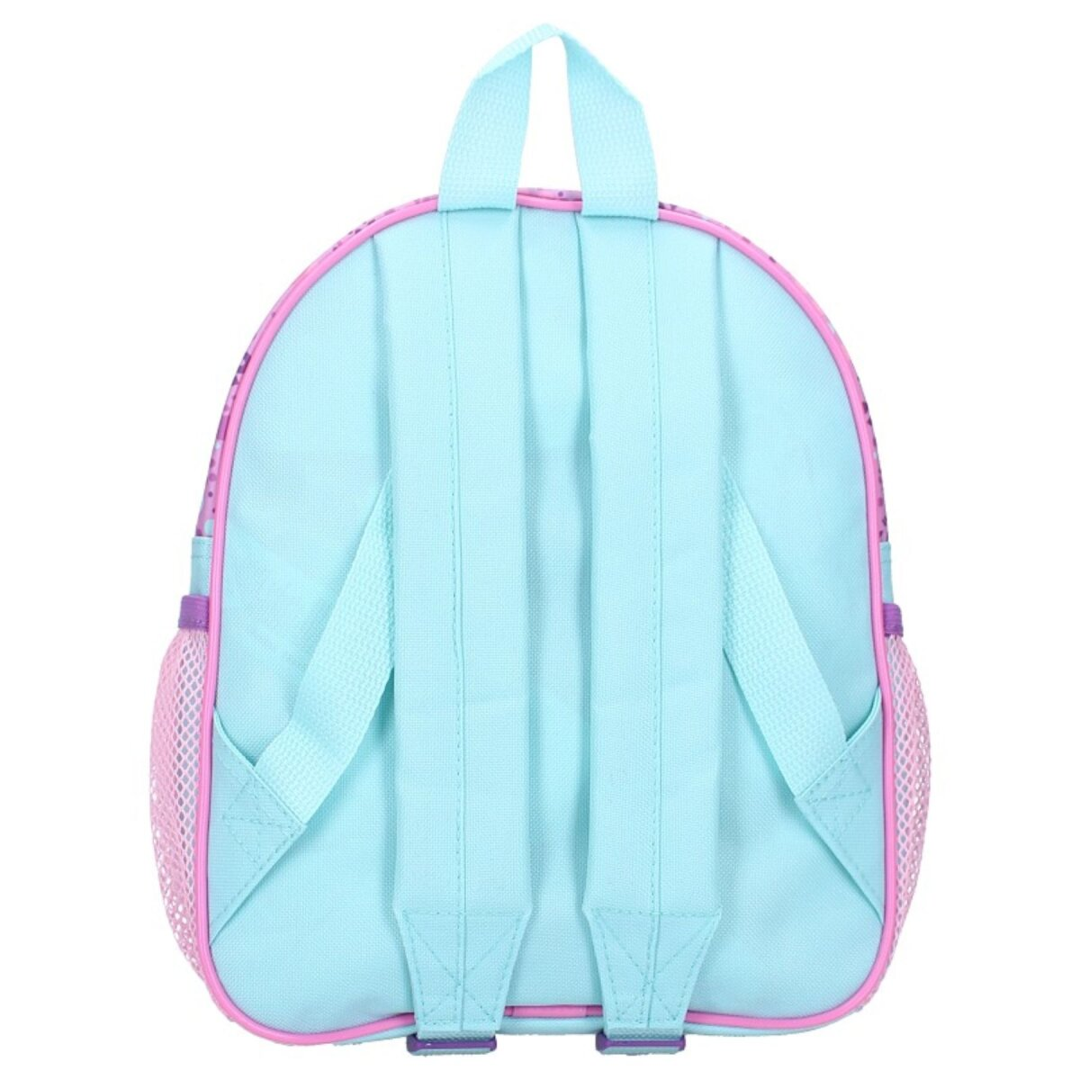 Blauer und pinker Rucksack, hellblaue Hauptfarbe, pinke Kanten.