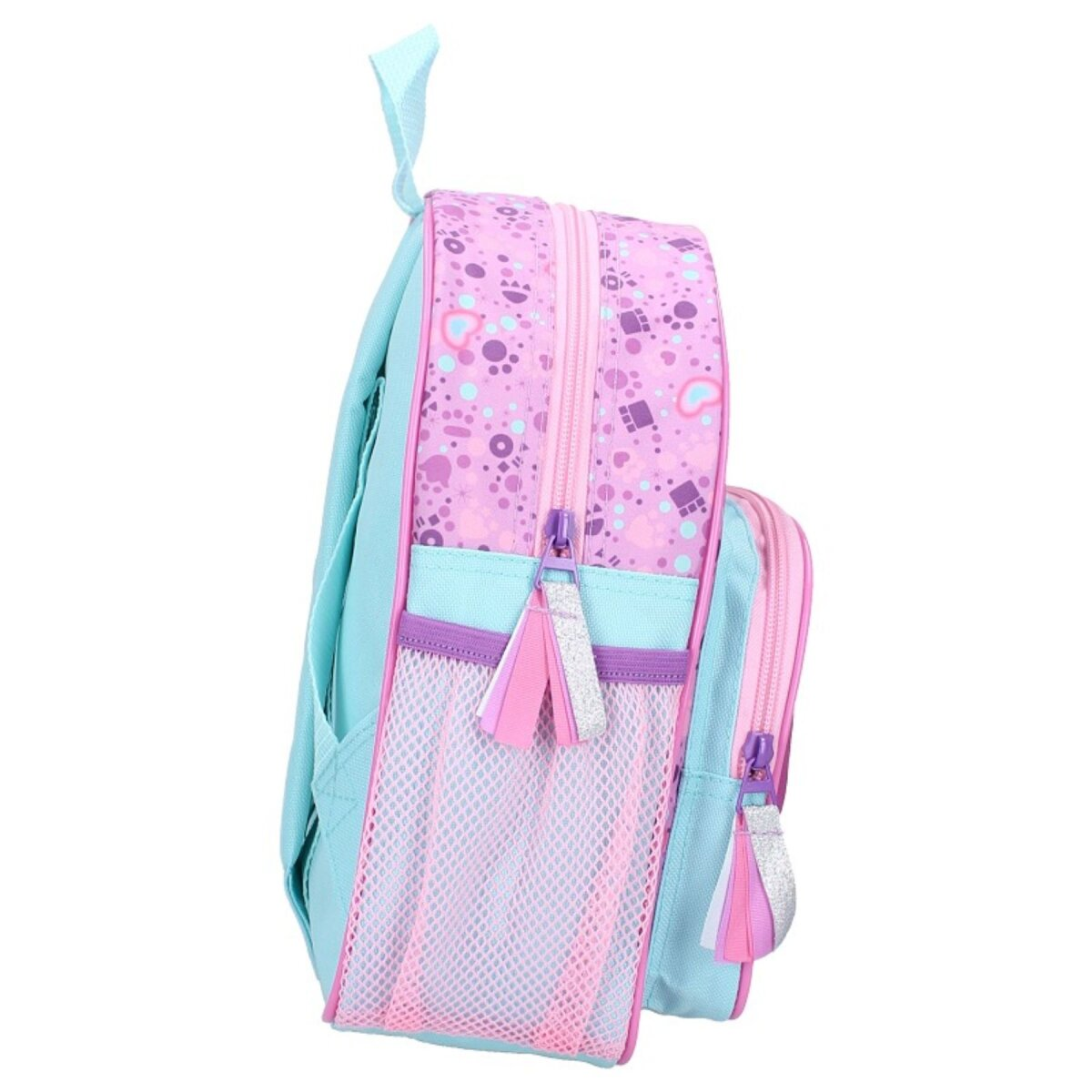 Rosa, blauer und violetter Rucksack mit mehreren Reißverschlüssen, Taschen und einem Griff.