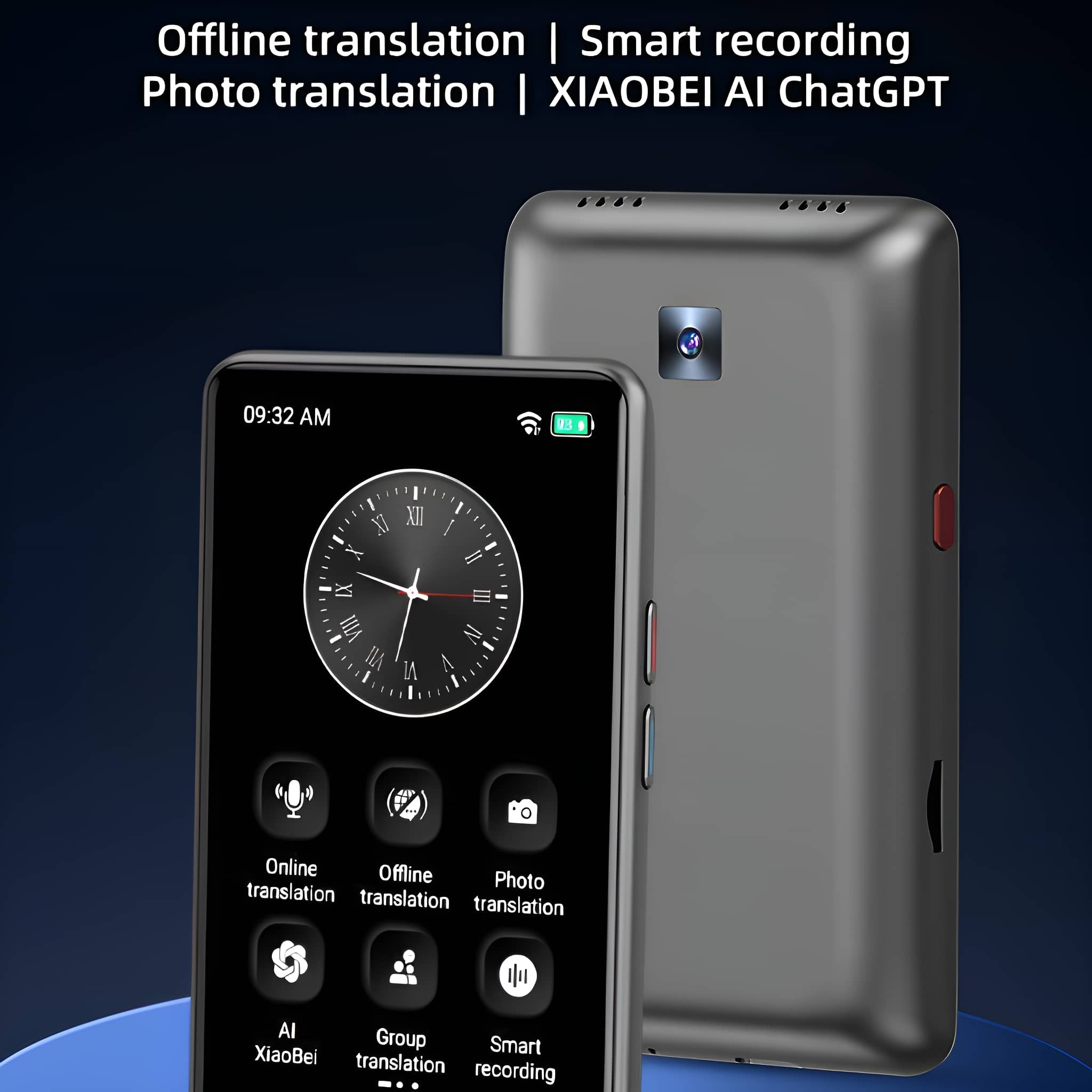 Zwei schwarze und silberne Geräte mit Bildschirmen, die Uhr und App-Symbole anzeigen. Text über Übersetzungsfunktionen.