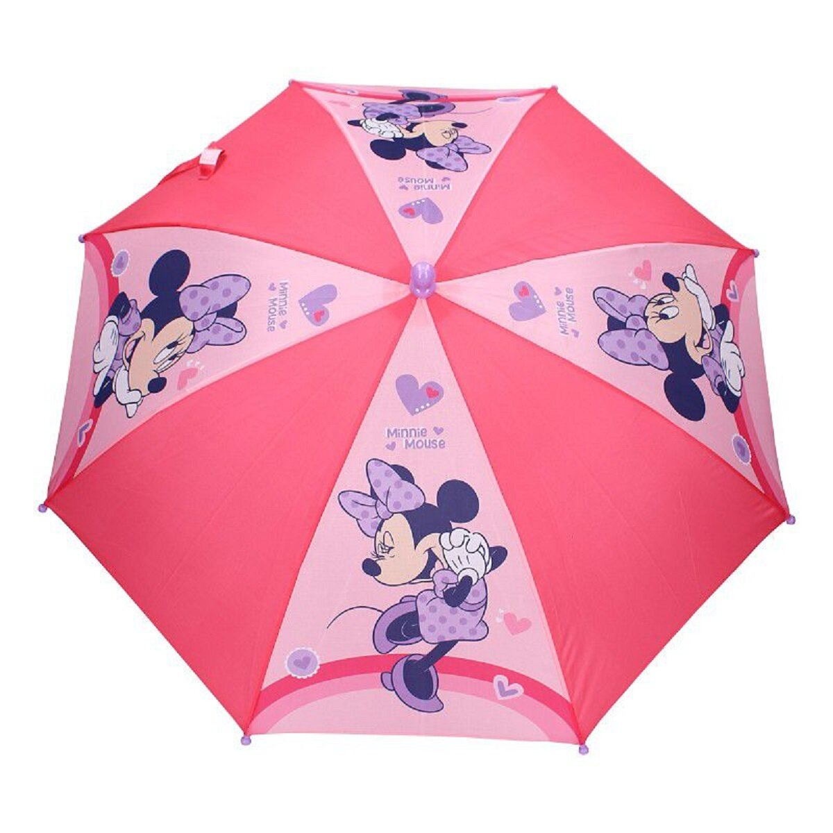 Pinker Minnie-Maus-Regenschirm, offen. Minnie-Maus-Illustrationen. Weißer Hintergrund.