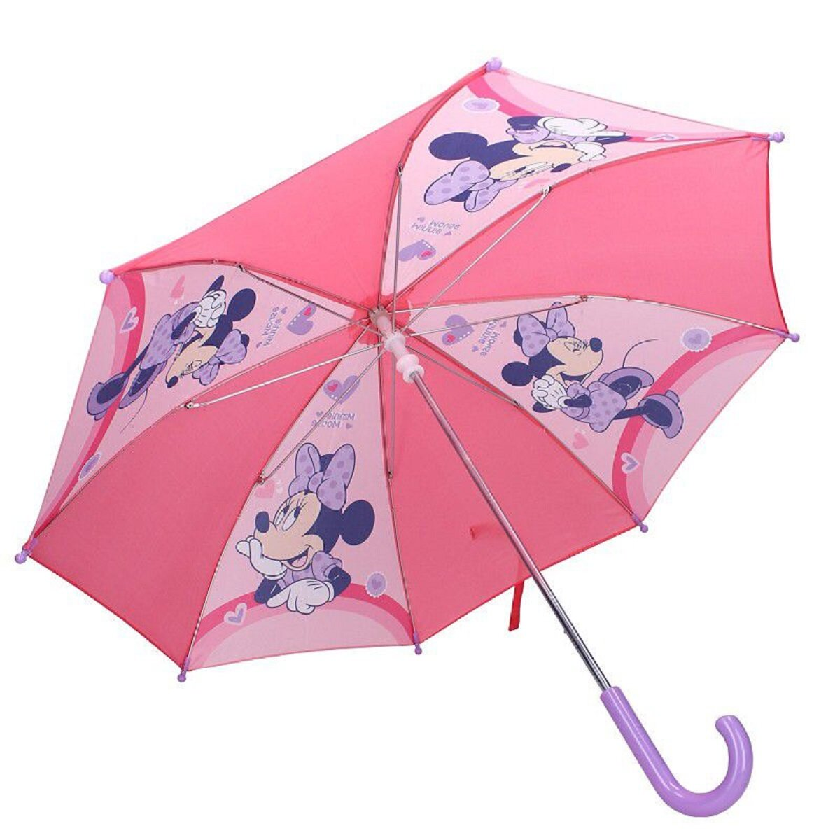 Offener pinkfarbener Minnie-Maus-Regenschirm, Minnie-Maus-Illustrationen. Weißer Hintergrund.