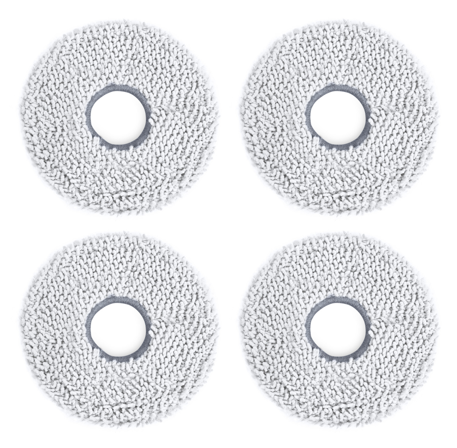Cztery okrągłe, szare, teksturowane pady czyszczące, ułożone w kwadrat, białe tło.