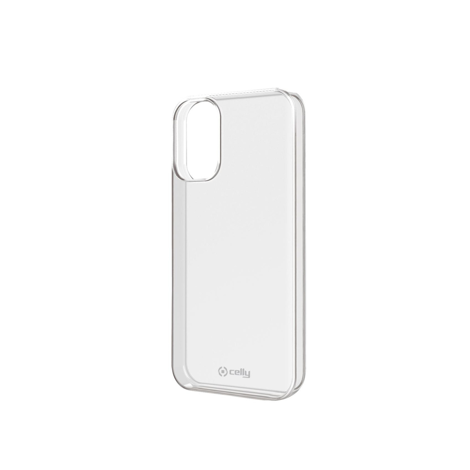 Custodia trasparente per telefono, una cover trasparente per smartphone, su sfondo bianco.