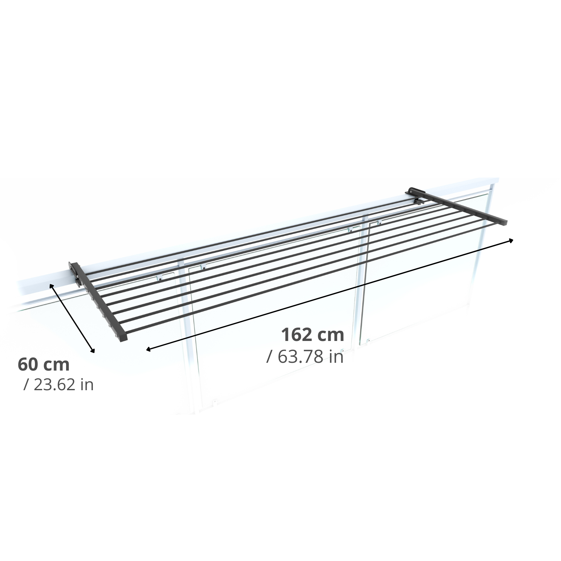 Stendibiancheria a parete con misure. Supporto in metallo nero con dimensioni di 162 cm x 60 cm.