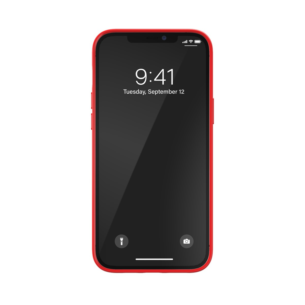 Un telefono con custodia rossa. Lo schermo mostra l'ora: 9:41, martedì 12 settembre.