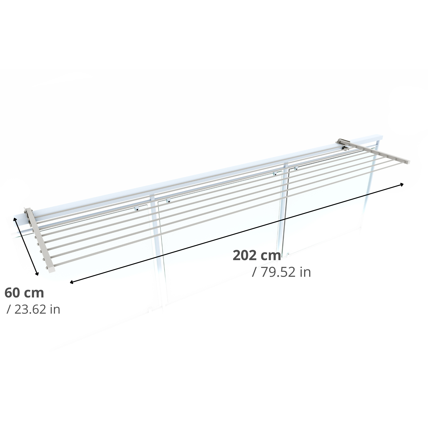Uno stendibiancheria bianco con un'etichetta di dimensione. Lo stendibiancheria è lungo 202 cm.