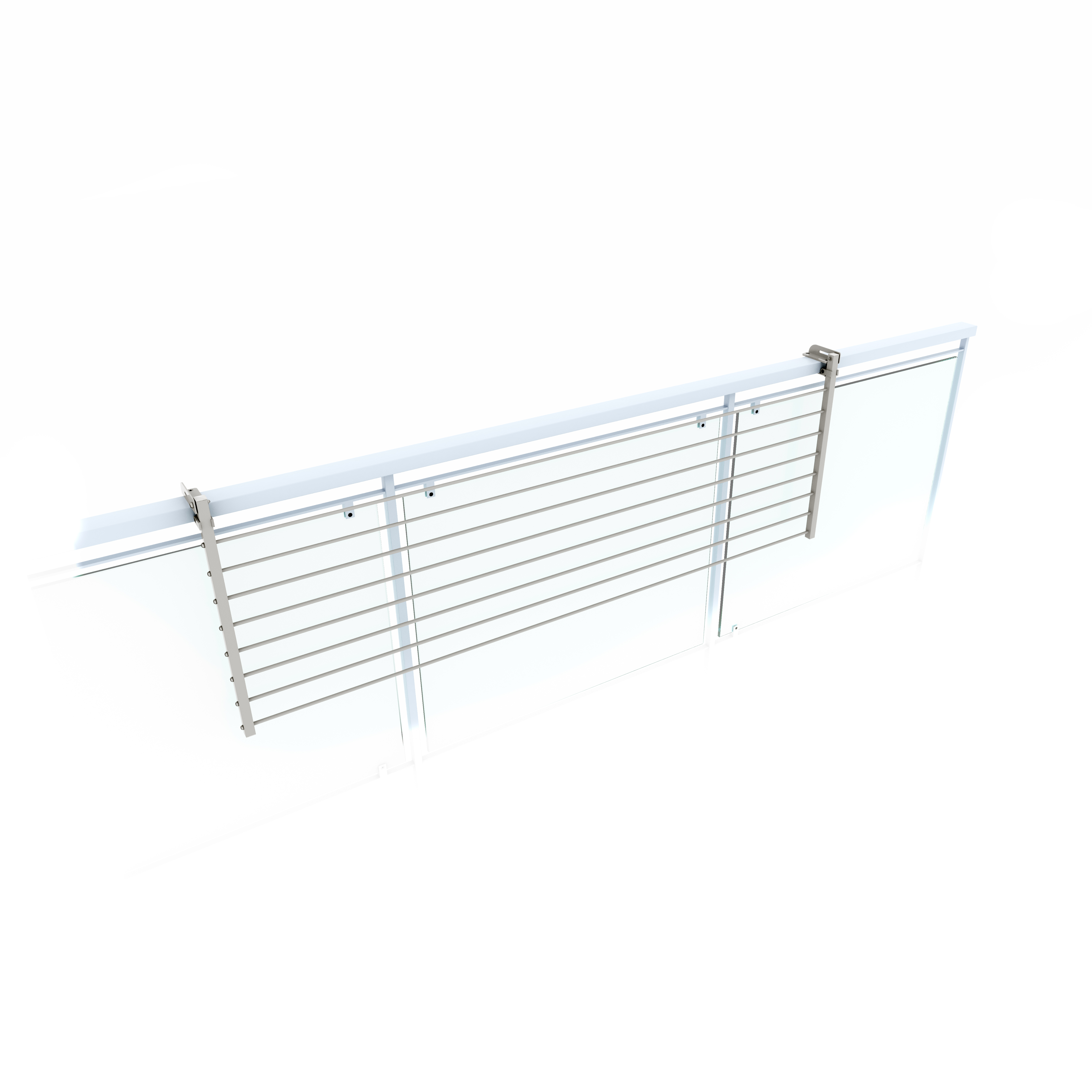 Ein weißes, an der Wand montiertes Trockengestell mit mehreren Stangen. Das Gestell ist aus Metall.