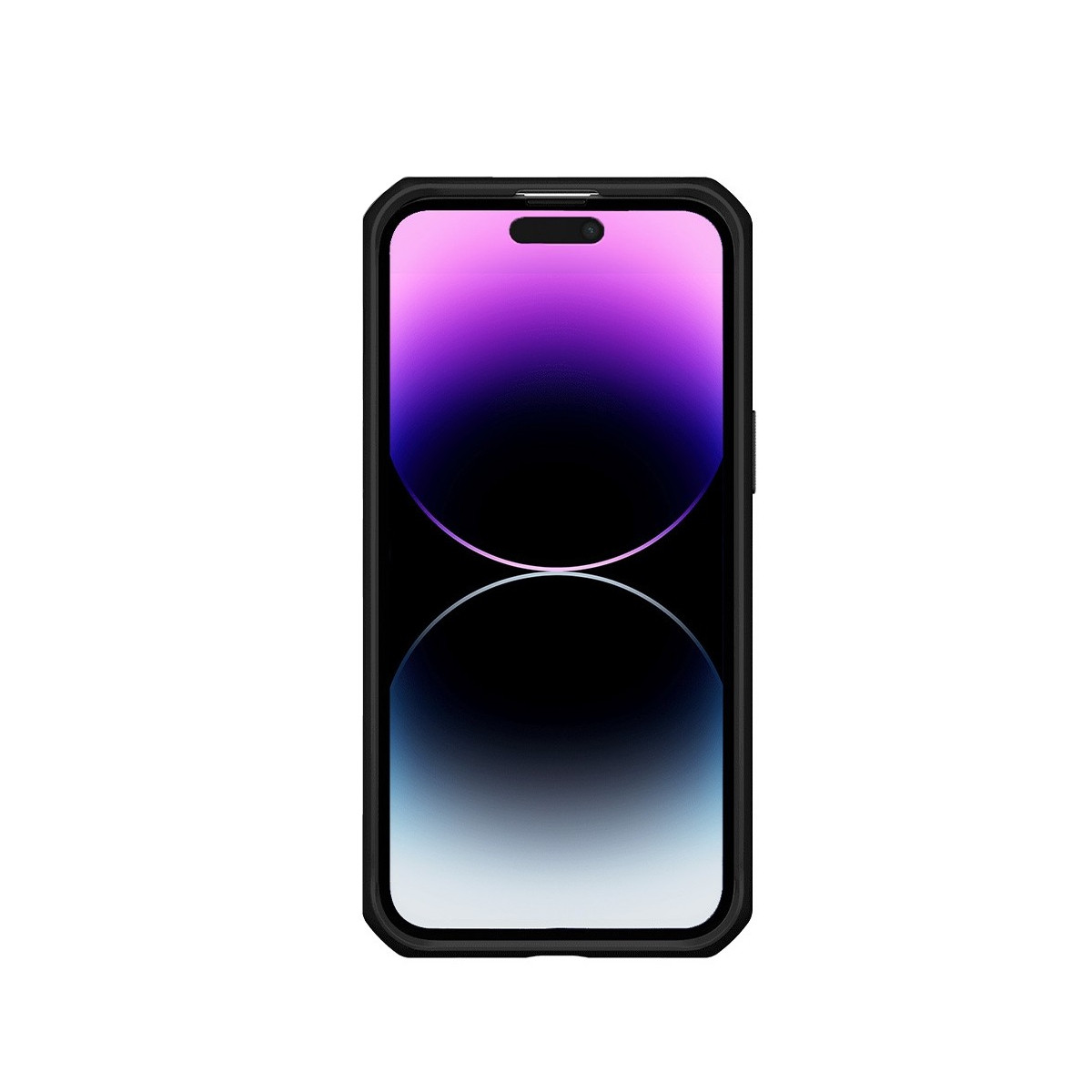 Un telefono nero con una custodia nera. Il display del telefono mostra uno sfondo colorato.