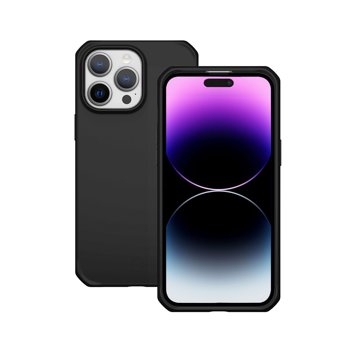 Una custodia nera per telefono con un telefono. Il telefono ha un display nero e una tripla fotocamera.