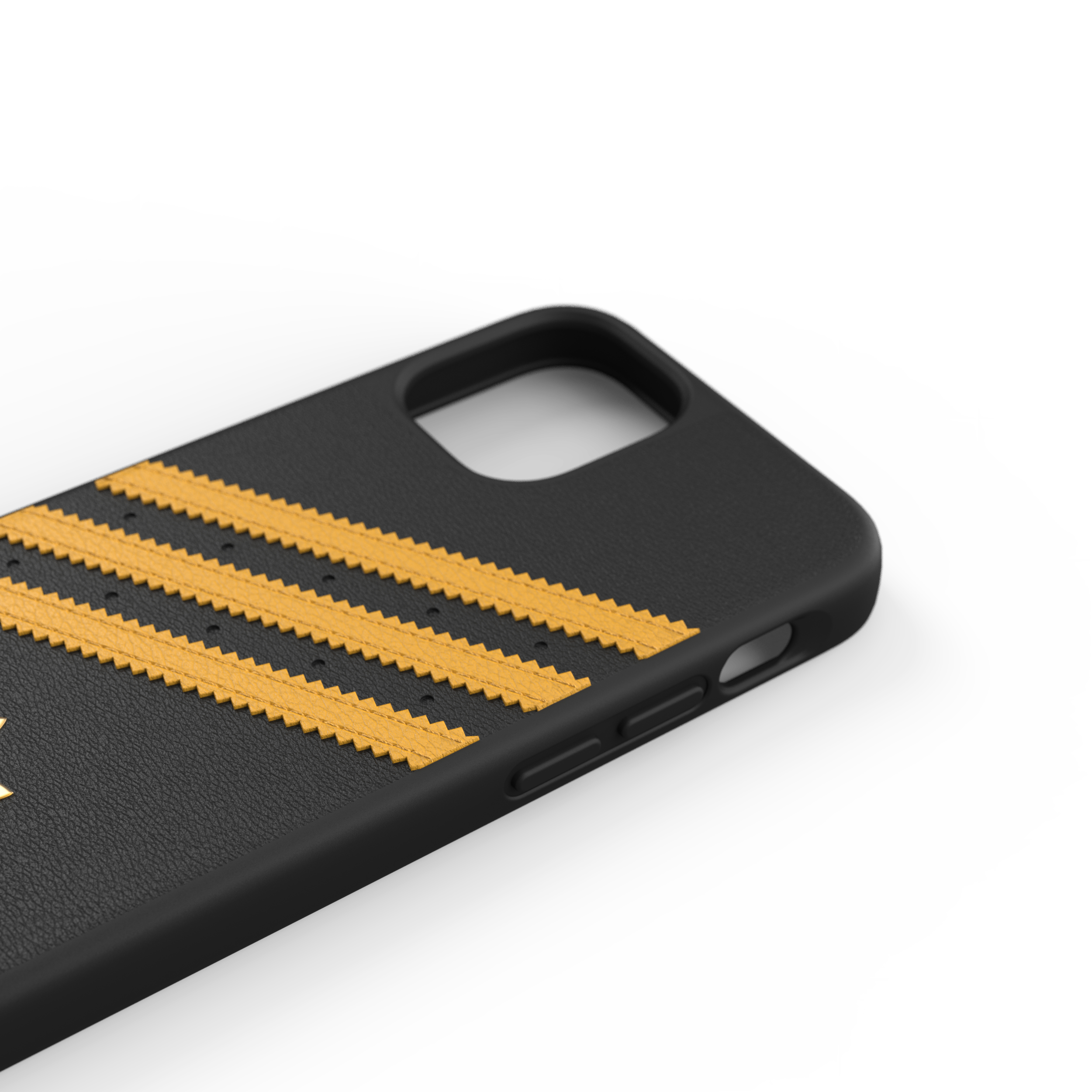 Custodia nera per telefono con strisce dorate e logo.