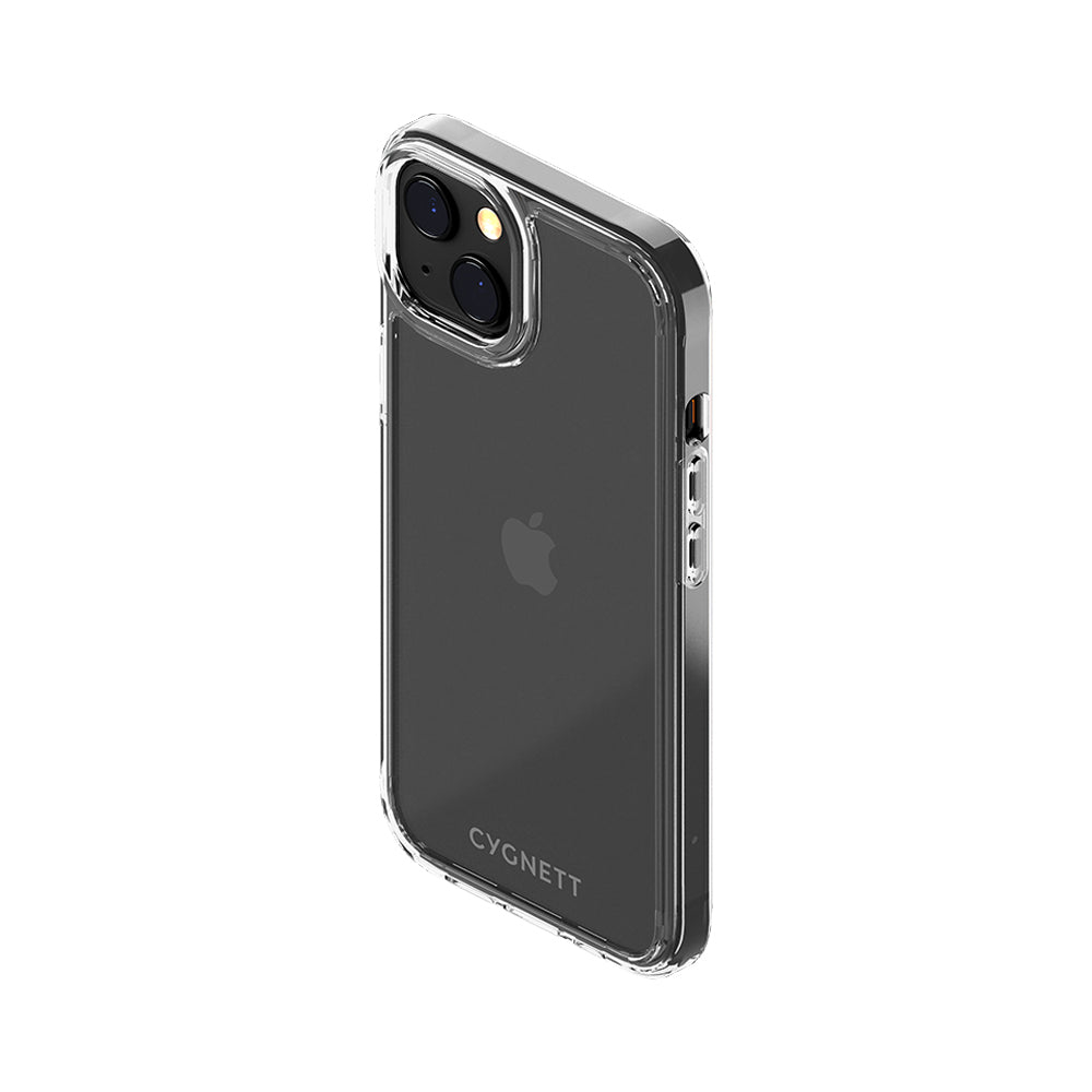 Custodia trasparente per telefono su un telefono nero. La custodia è trasparente, con il marchio CYGNETT.