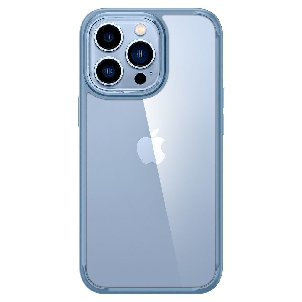 iPhone in una custodia trasparente. Sfondo blu e bianco.