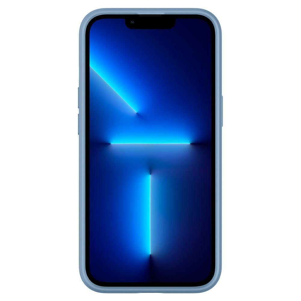 iPhone blu con custodia blu, lo schermo è acceso e mostra una sfumatura blu.