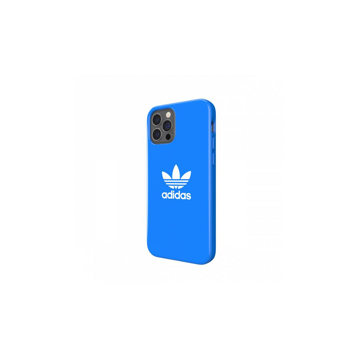 Una custodia blu per telefono con il logo Adidas. È su sfondo bianco.