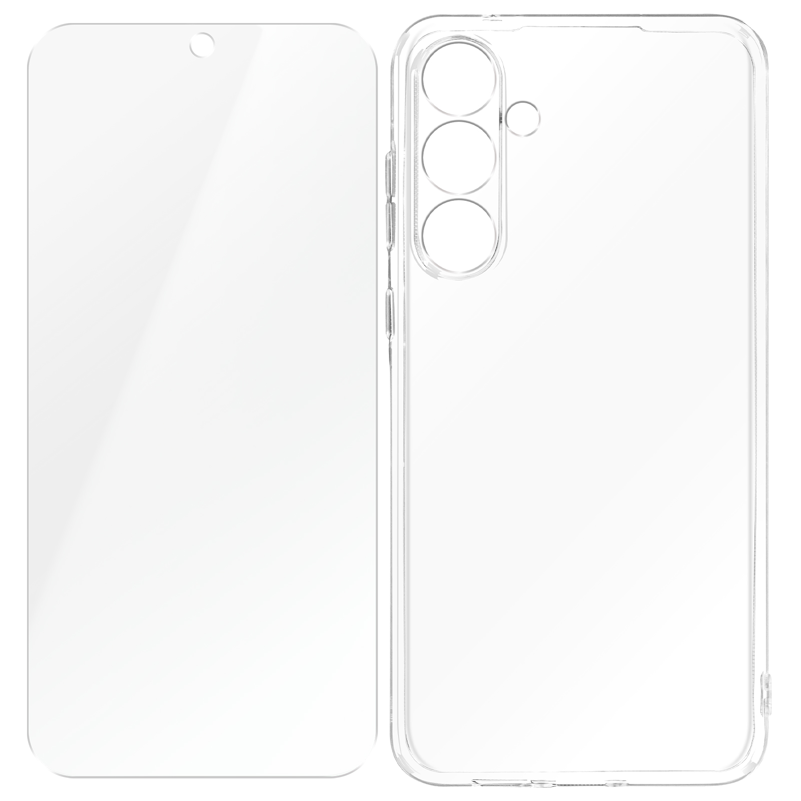 Eine transparente Handyhülle und ein Displayschutz liegen nebeneinander auf einer weißen Oberfläche.