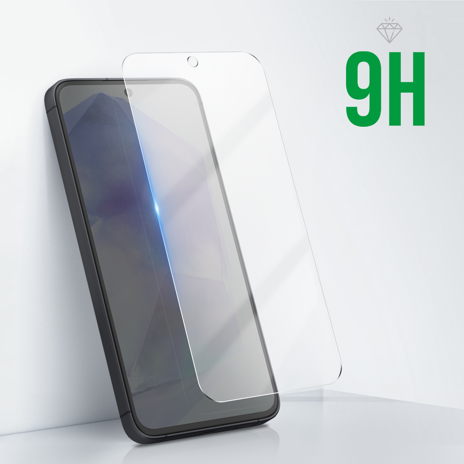 Ein Telefon mit einem Displayschutz daneben. Grüner Text '9H' ist sichtbar.