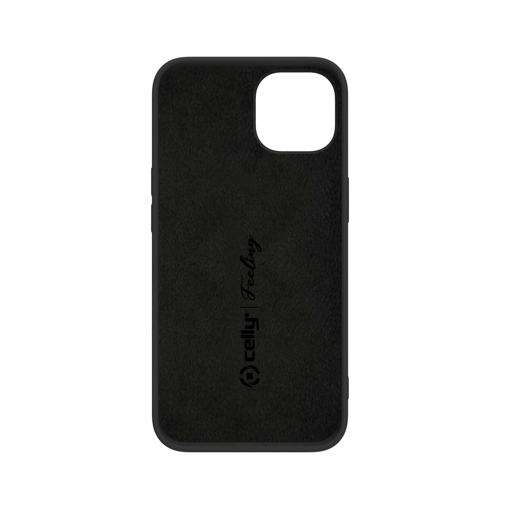 Custodia nera per telefono con foro per la fotocamera e la scritta 'celly', su sfondo bianco.