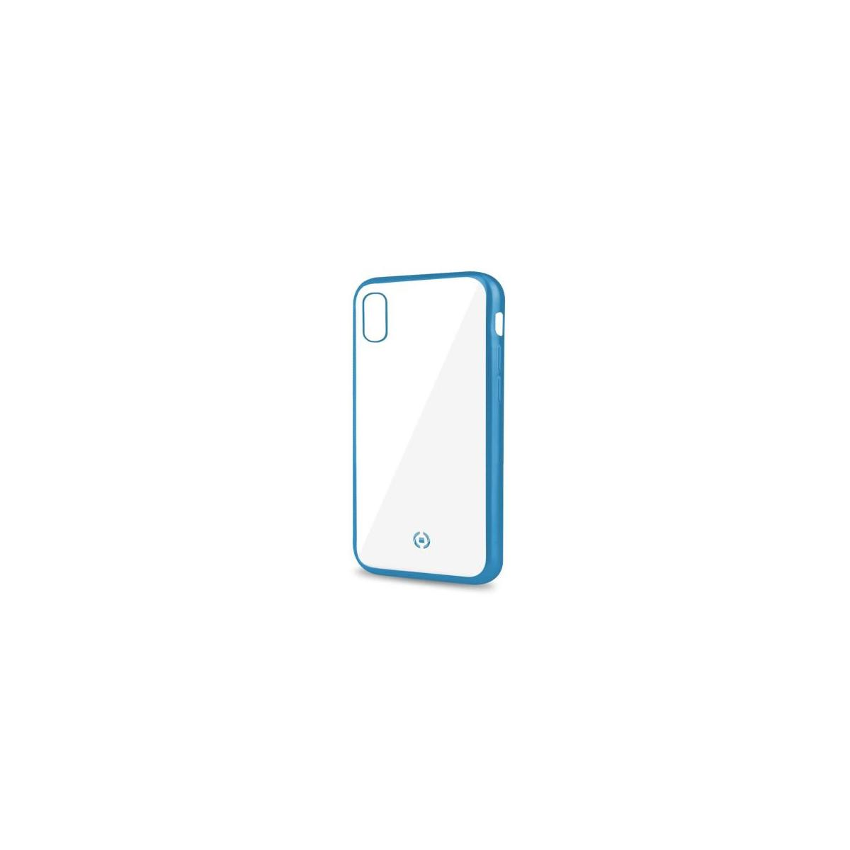 Custodia blu per telefono con retro bianco. Lo sfondo è bianco.