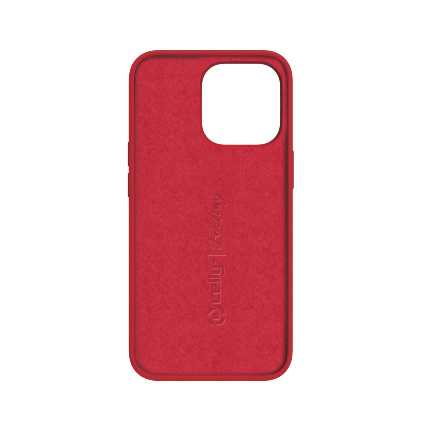 Custodia per telefono rossa con ritaglio per fotocamera e logo Celly. Su sfondo bianco.