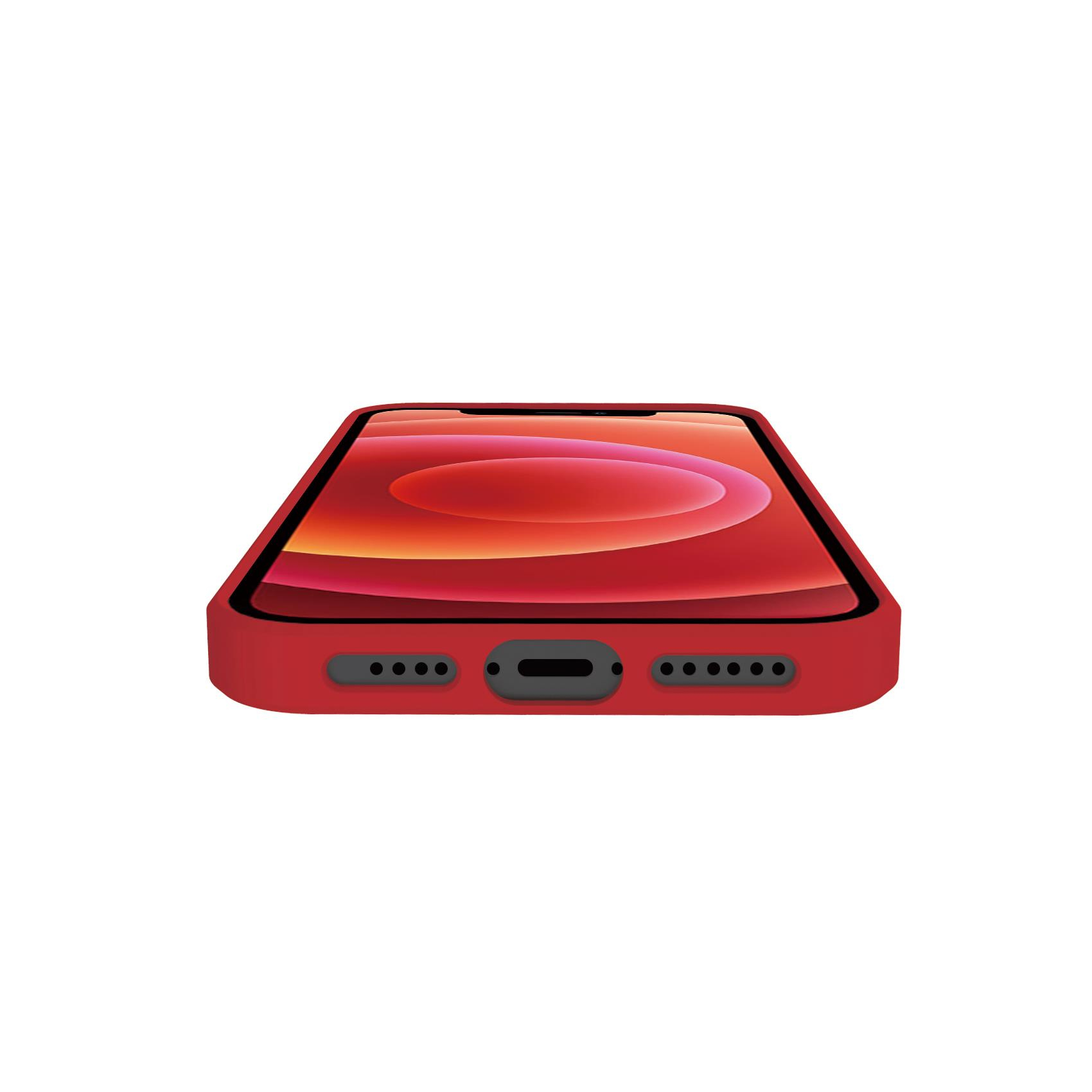Telefono rosso in custodia rossa, vista dal basso, su sfondo bianco.