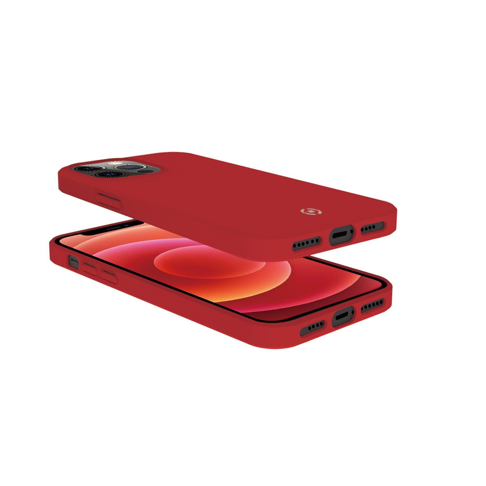 Custodia rossa con telefono all'interno, accanto a un'altra custodia. Su sfondo bianco.