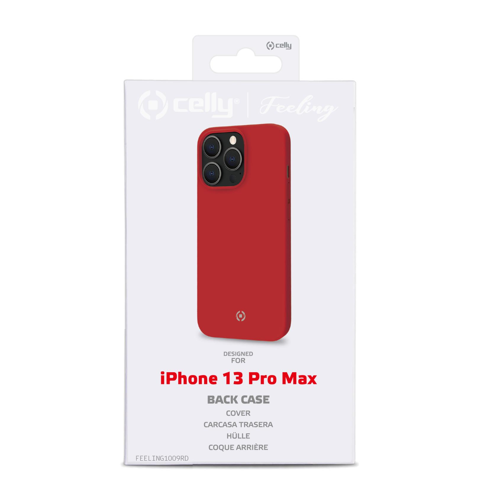 Scatola per custodia per telefono rossa per iPhone 13 Pro Max, con il telefono sulla scatola.