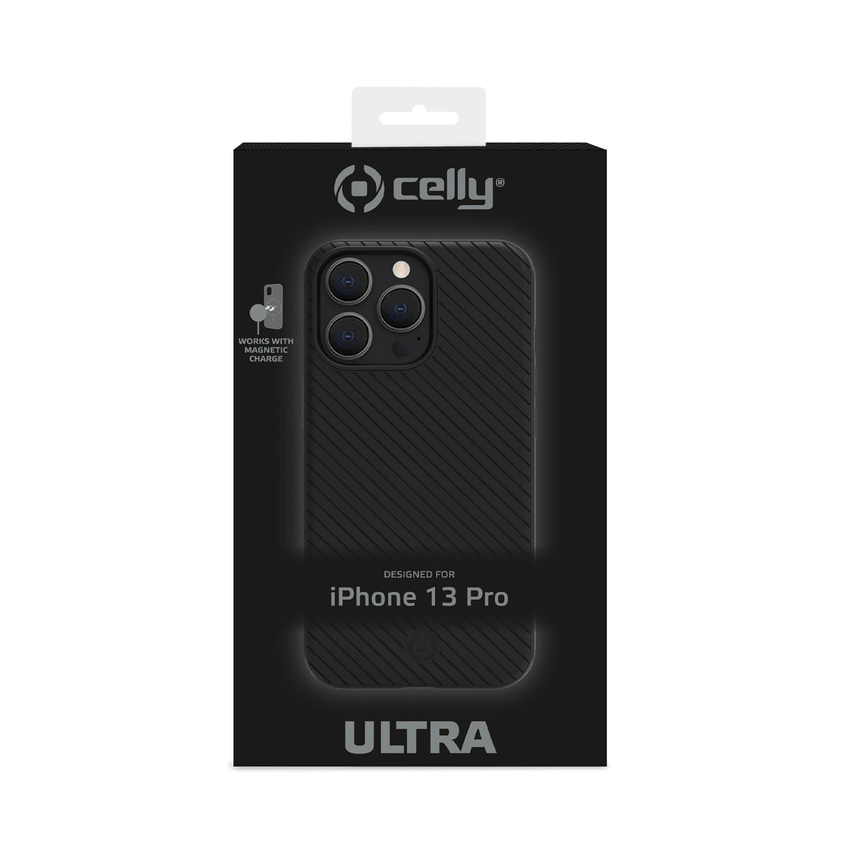 Scatola per custodia per telefono nera con il telefono e il testo Ultra. Su sfondo bianco.