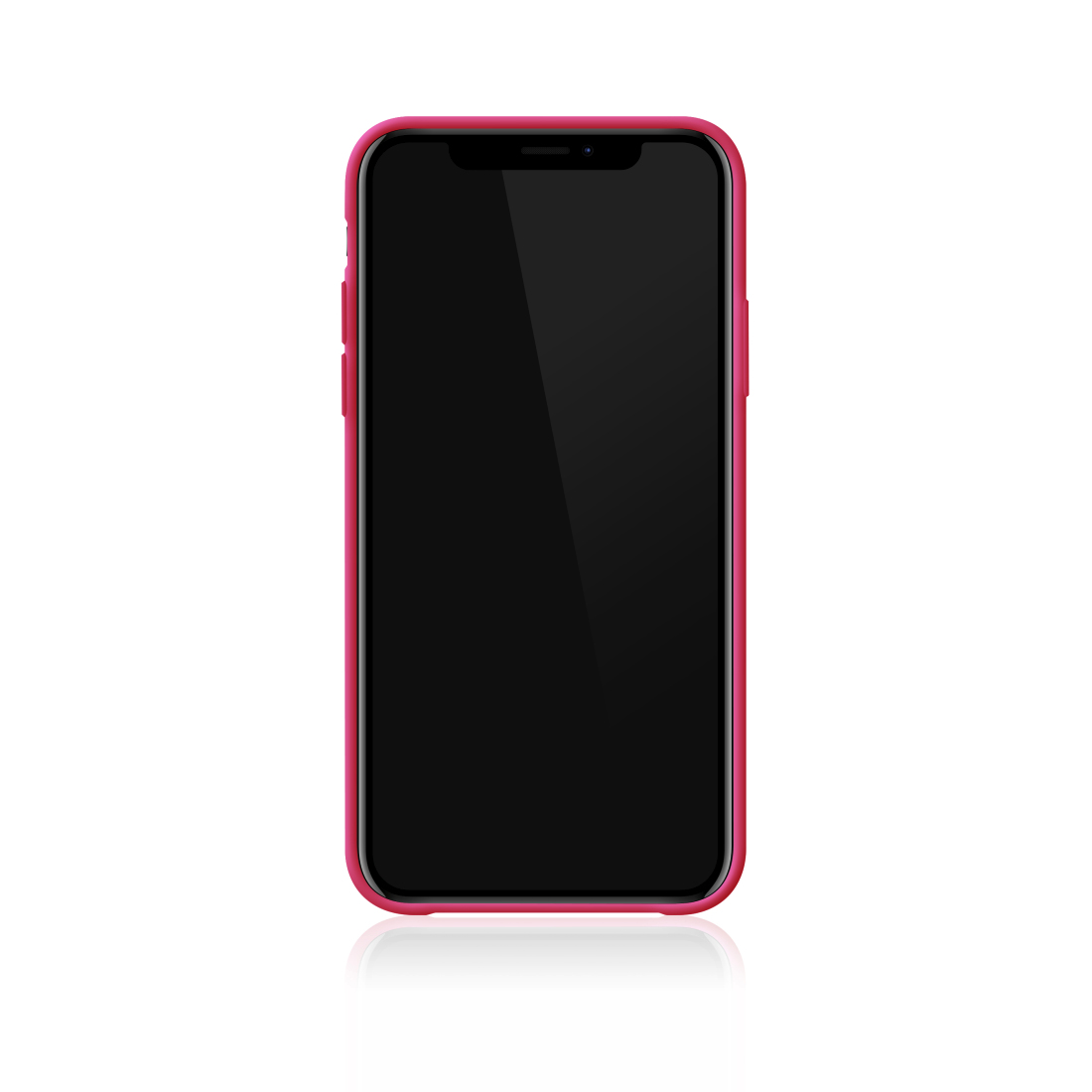 Smartphone mit pinkfarbener Hülle auf weißem Hintergrund. Der Bildschirm ist schwarz.