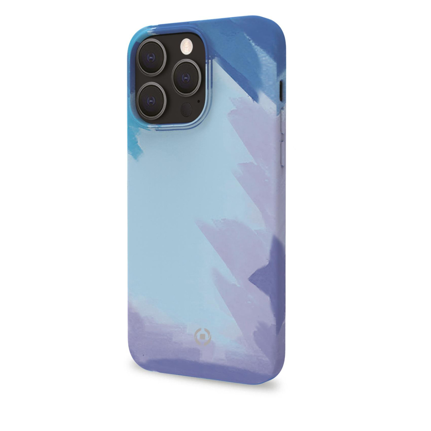 Custodia per telefono dipinta di blu e viola su sfondo bianco. Il telefono è visibile.