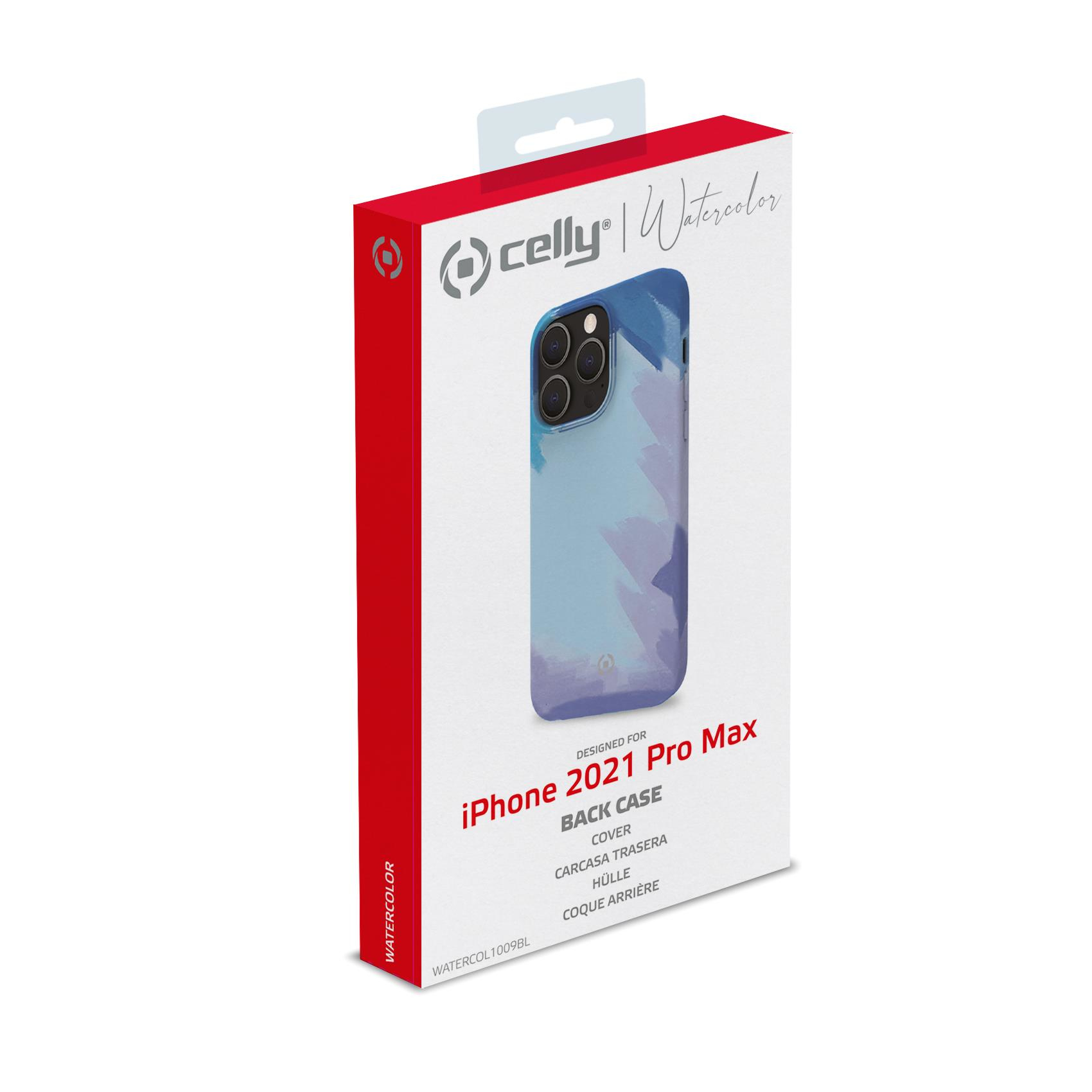 Scatola con custodia per iPhone 2021 Pro Max. Custodia stile acquerello con tonalità blu e viola.