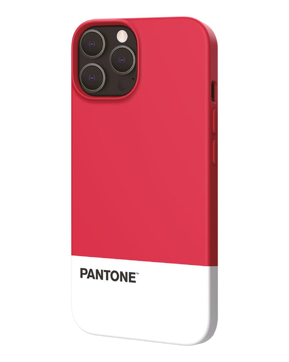 Custodia per iPhone Pantone rossa e bianca. Parte posteriore del telefono visibile con fotocamere.