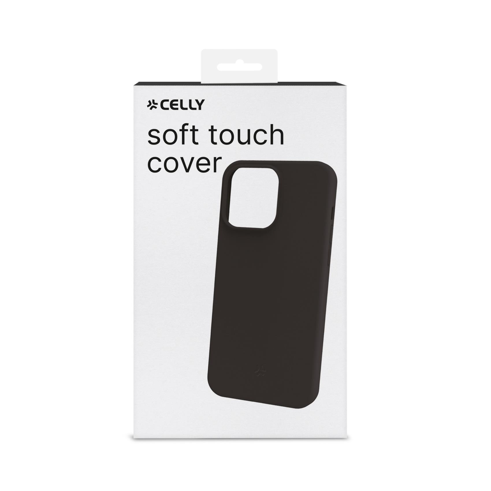 Custodia nera soft touch su sfondo bianco, con il marchio 'Celly'.