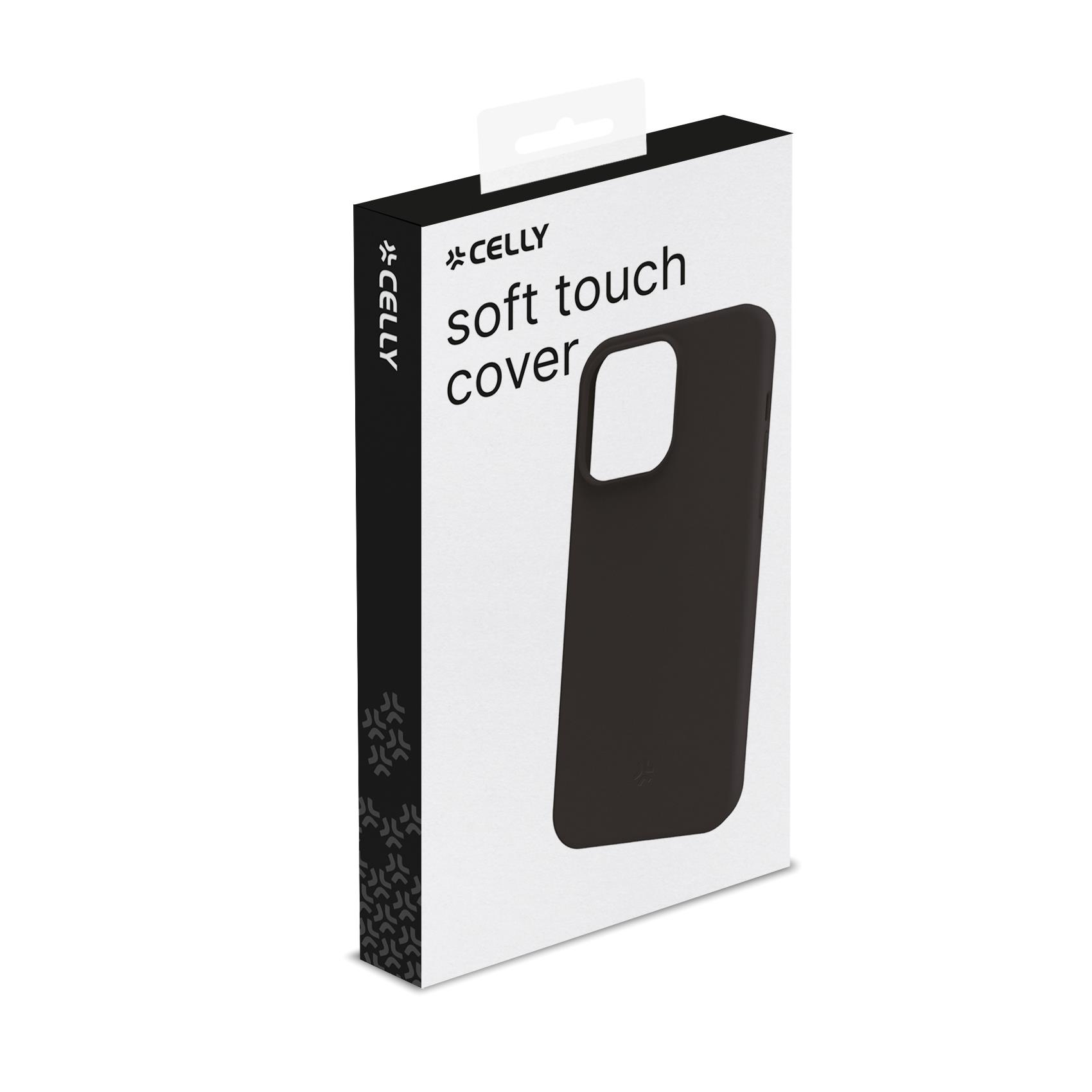 Confezione di custodia nera soft touch con il marchio 'Celly'.