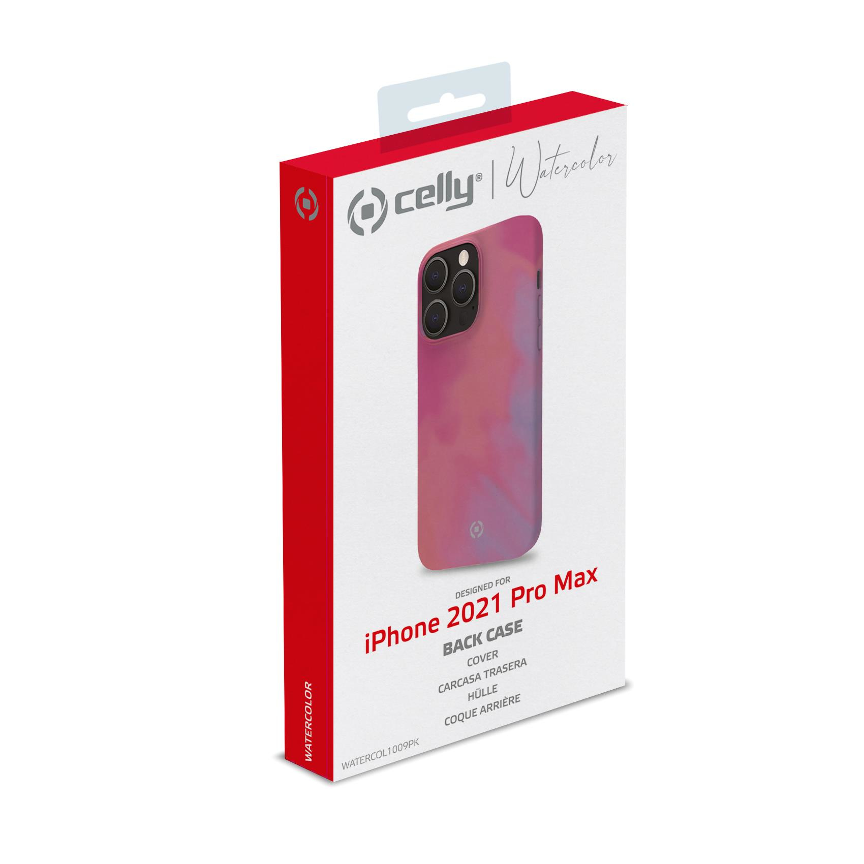 Scatola con custodia per iPhone 2021 Pro Max. Custodia con design acquerello rosa e viola.