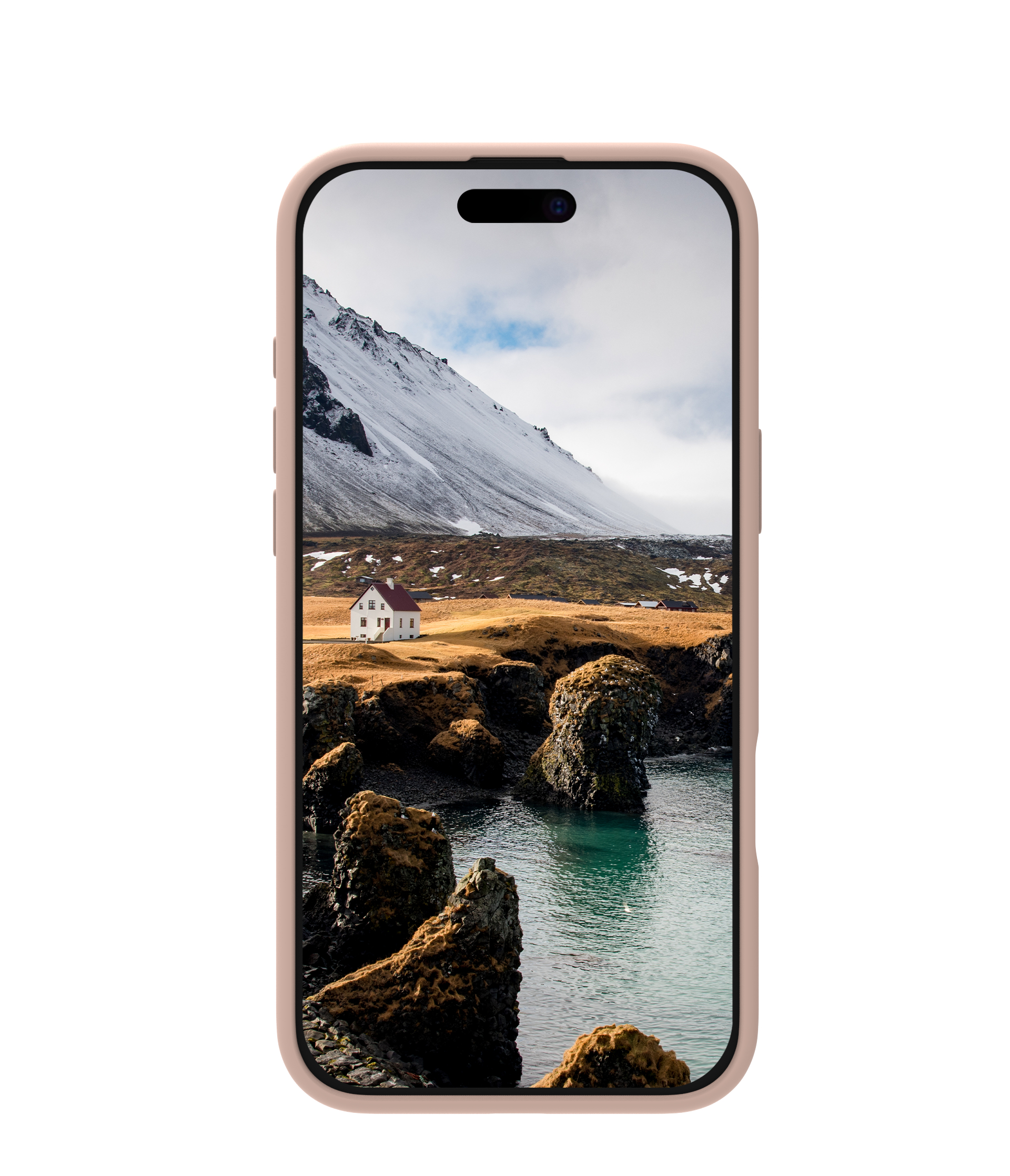 Telefono che mostra un paesaggio con montagne innevate, una casa e un corpo idrico.