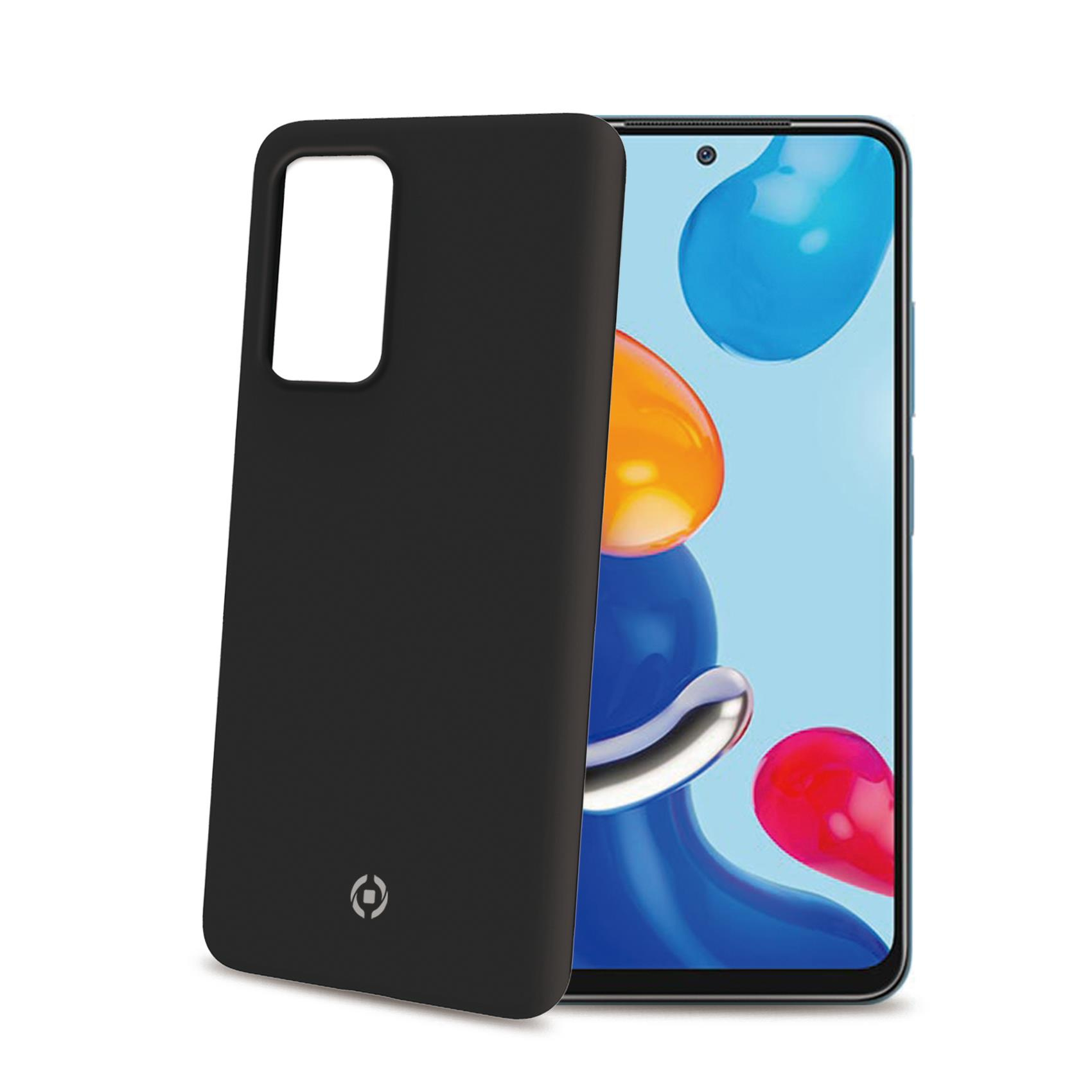 Custodia nera con un telefono all'interno. Il telefono ha uno schermo blu con forme colorate.