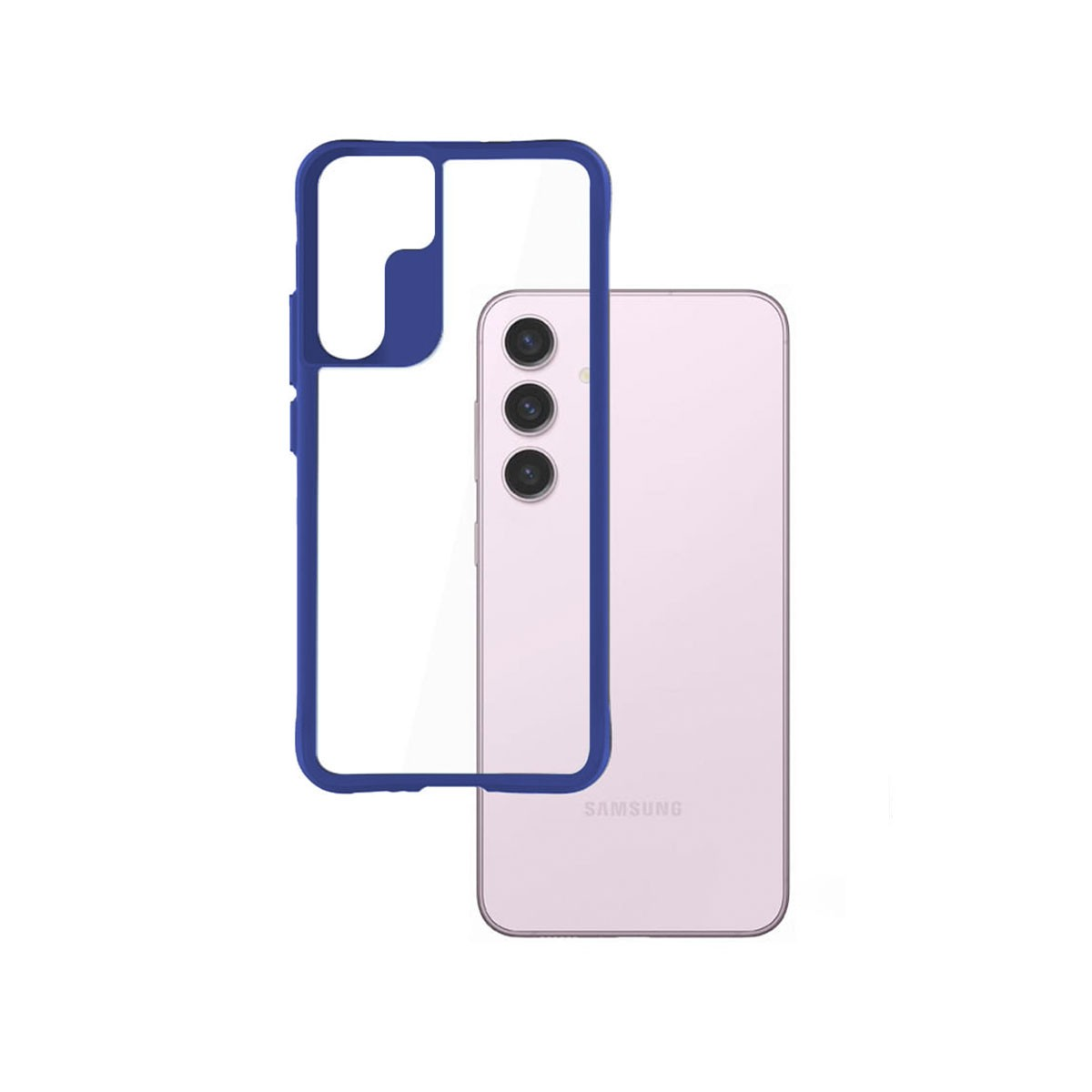 Custodia con cornice blu e telefono Samsung rosa. Il telefono è visibile sullo sfondo.