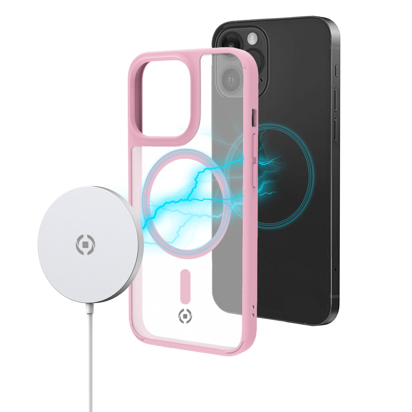 Due custodie per telefono e un dispositivo di ricarica. Una custodia è rosa, l'altra nera. Un effetto fulmine blu.