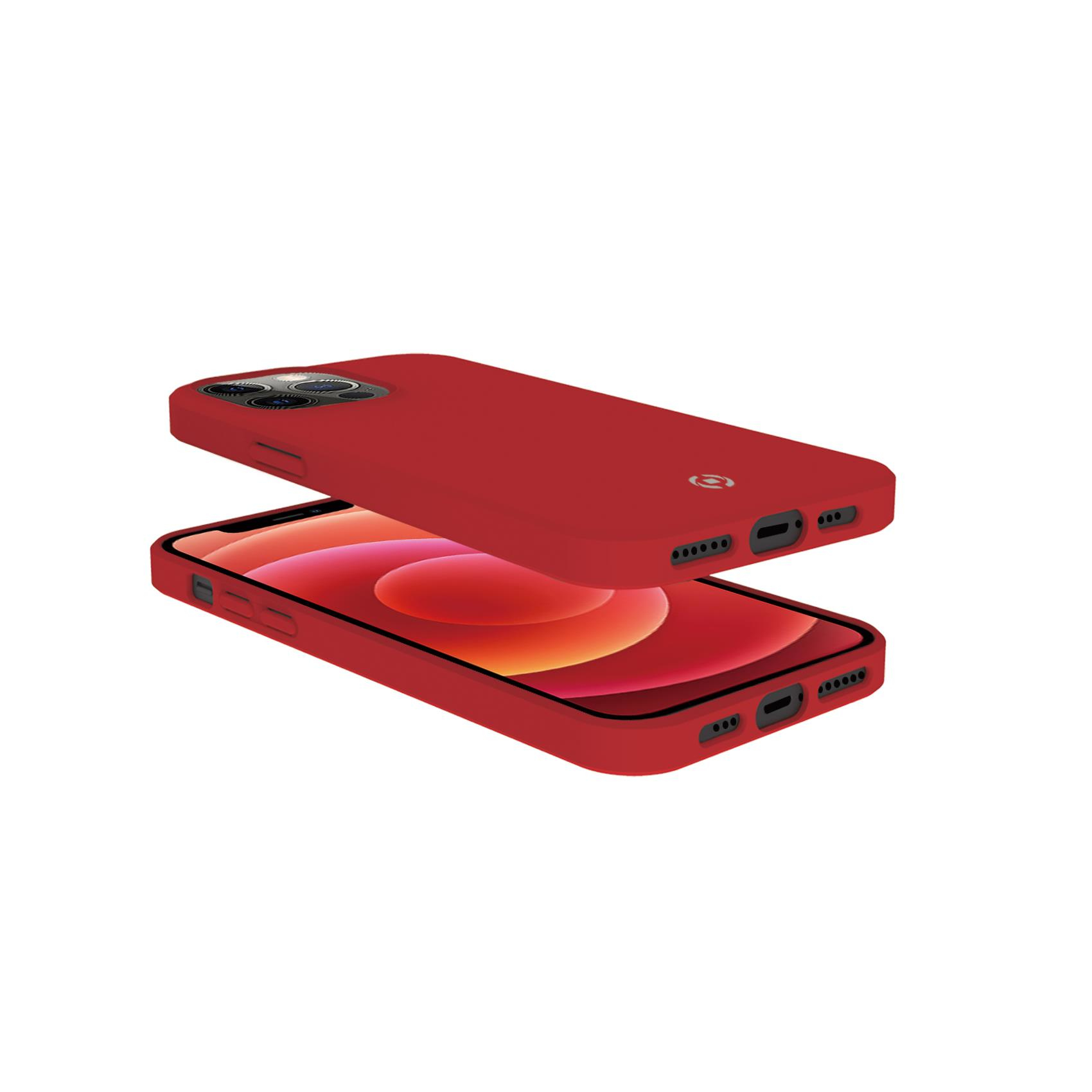 Custodia per iPhone rossa e iPhone. Custodia sopra. Telefono sotto.
