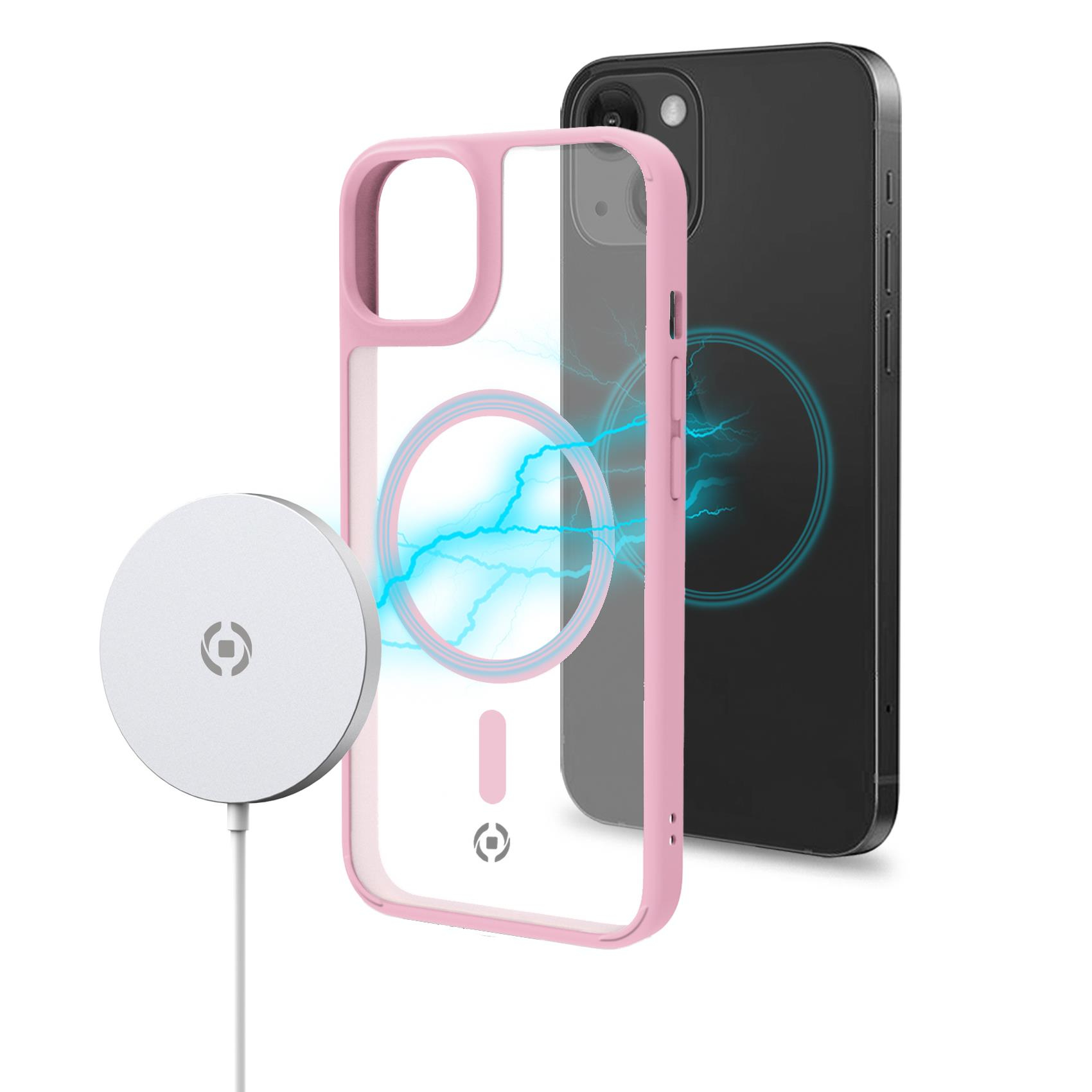 Custodia per telefono con cornice rosa e telefono nero. È presente un caricabatterie circolare bianco. Grafica fulmine.