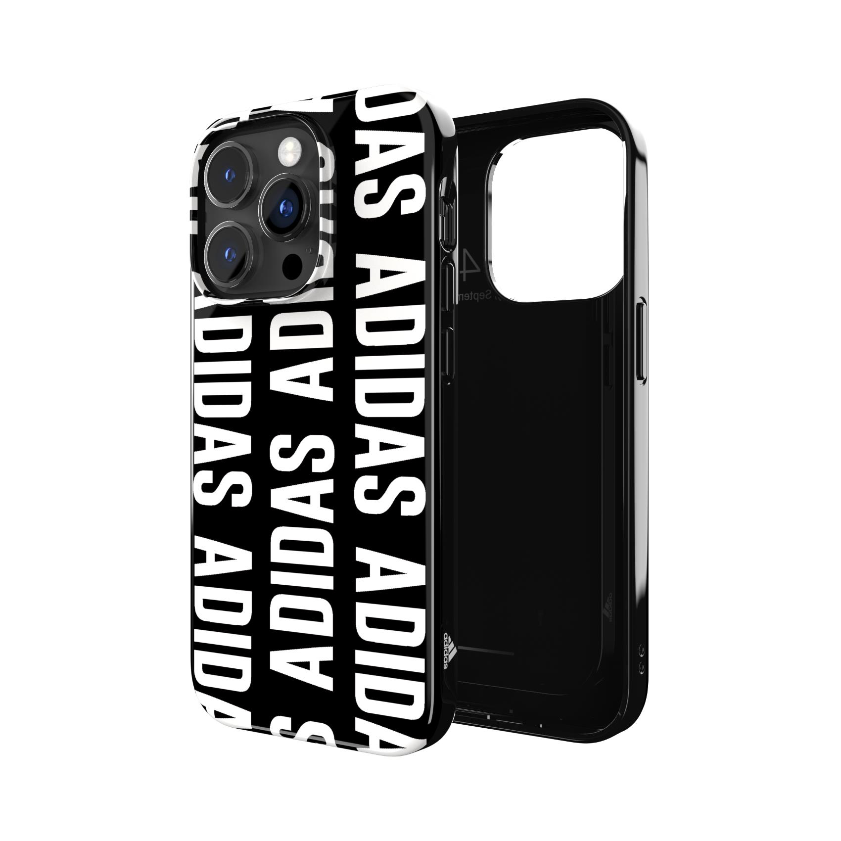 Custodia Adidas bianca e nera con testo e telefono. Sfondo bianco.