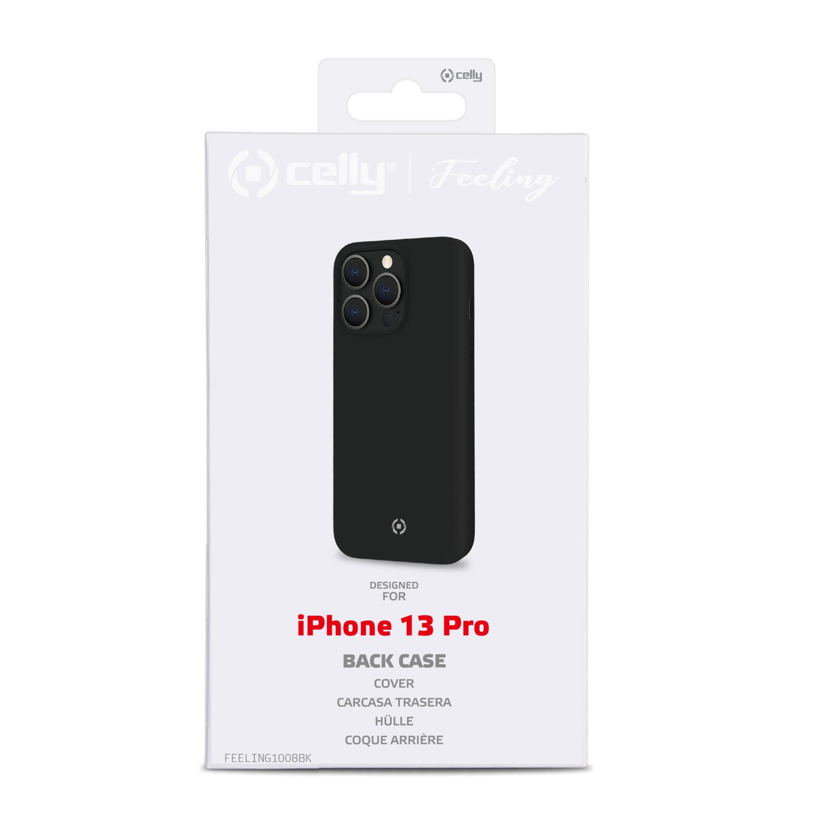 Una confezione di custodia per telefono, in bianco e nero, con il nome iPhone 13 Pro e il marchio "celly".