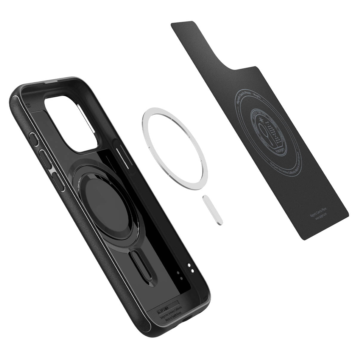 Custodia per telefono nera. Le parti sono separate. Anello magnetico, custodia e uno strato nero.