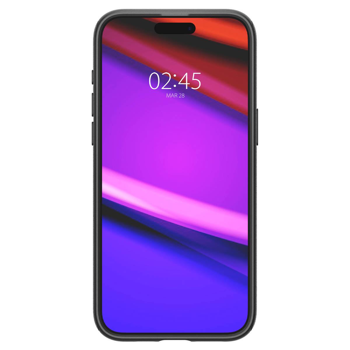 Telefono nero che mostra ora e data. Sfondo viola e rosso.