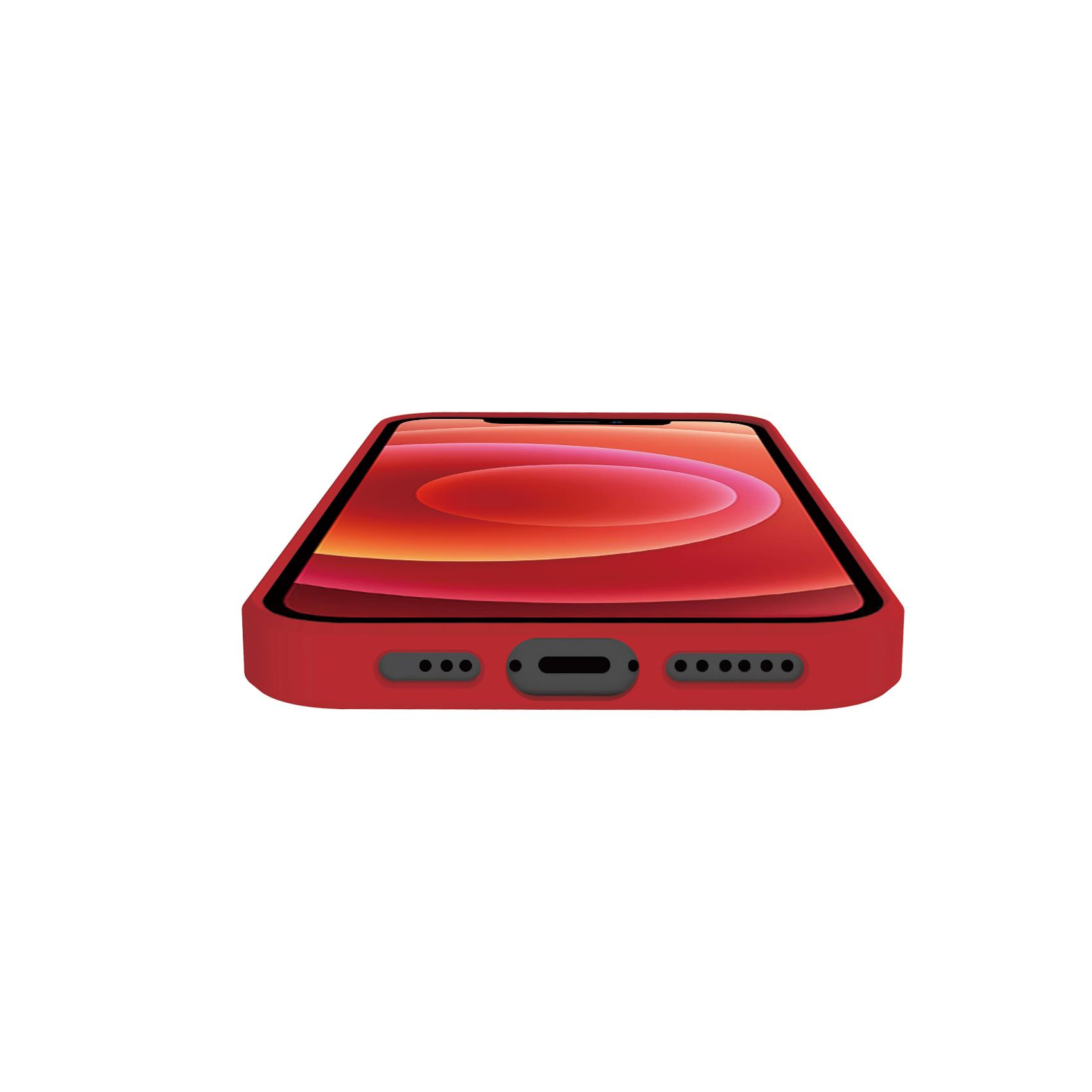 Un telefono rosso in una custodia rossa su sfondo bianco, che mostra la parte inferiore.