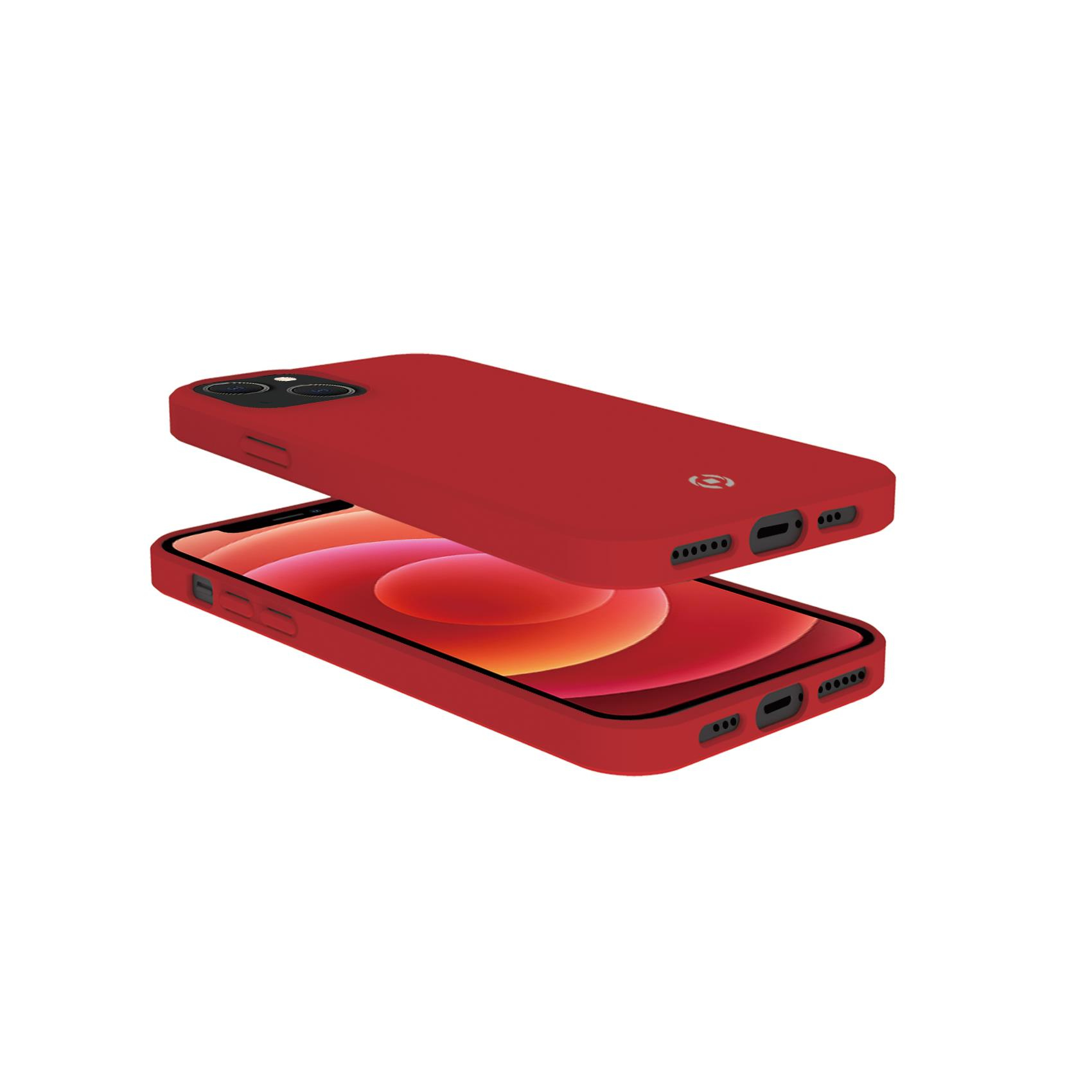 Custodia per telefono rossa in due parti. Sfondo bianco.
