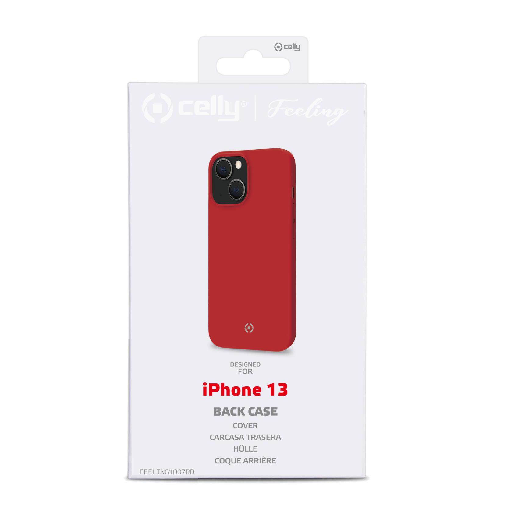 Una custodia rossa è sulla scatola. La scatola dice iPhone 13 Back Case.