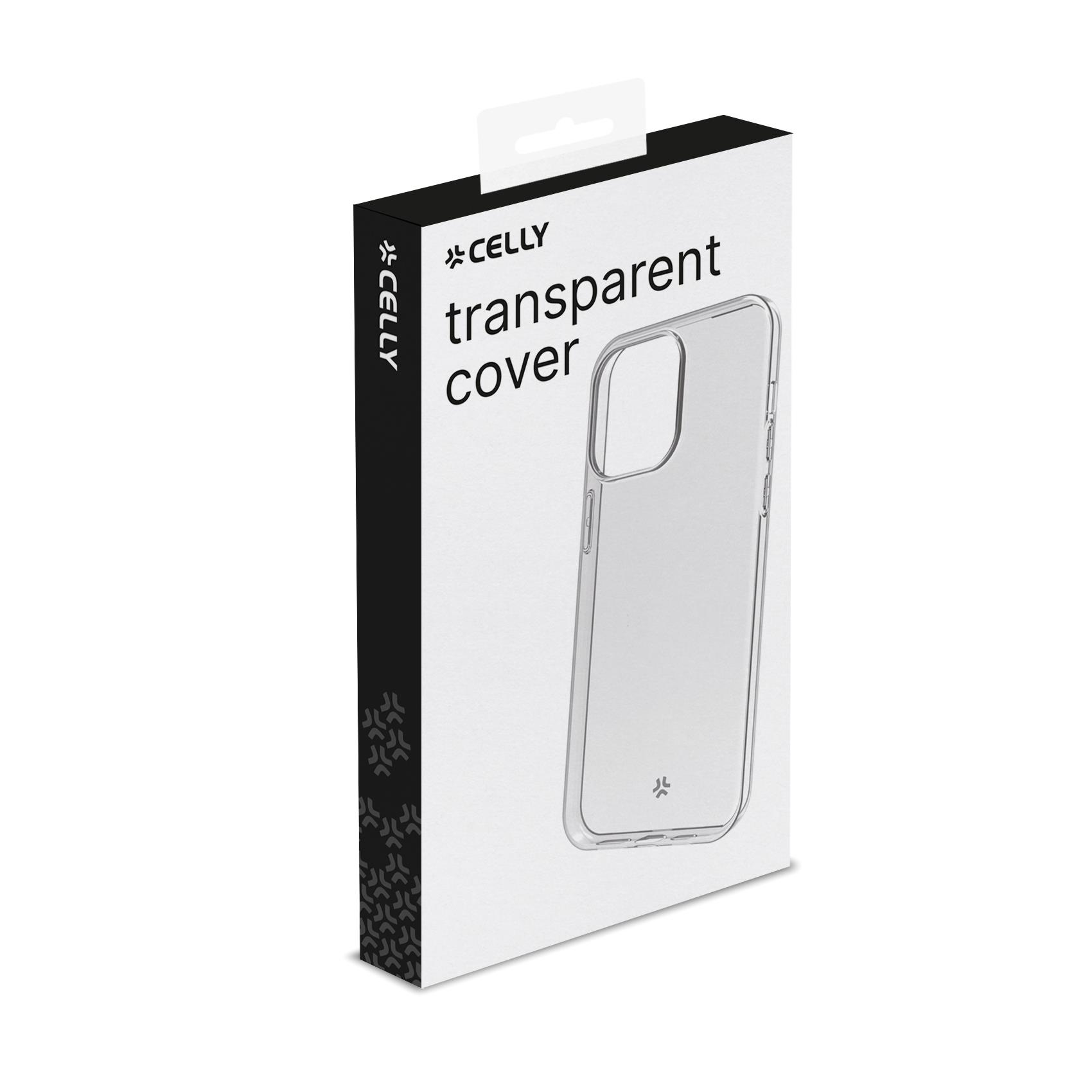 Una custodia trasparente in una scatola su sfondo bianco. La scatola dice transparent cover.