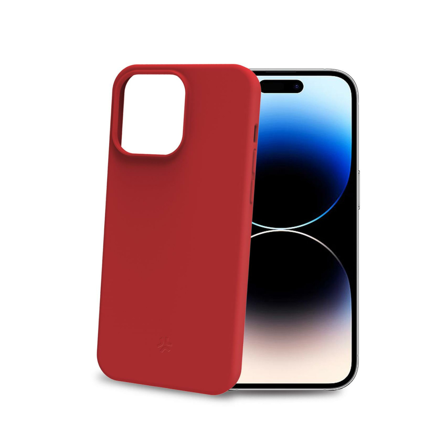 Custodia rossa su sfondo bianco con un telefono. La custodia è per un telefono con fotocamere.