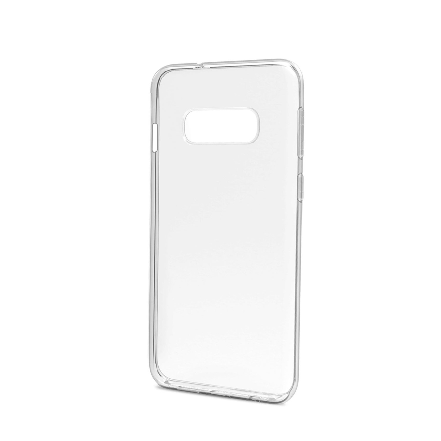 Custodia trasparente per telefono. Ha un ritaglio per fotocamera e pulsanti laterali. Sfondo bianco.
